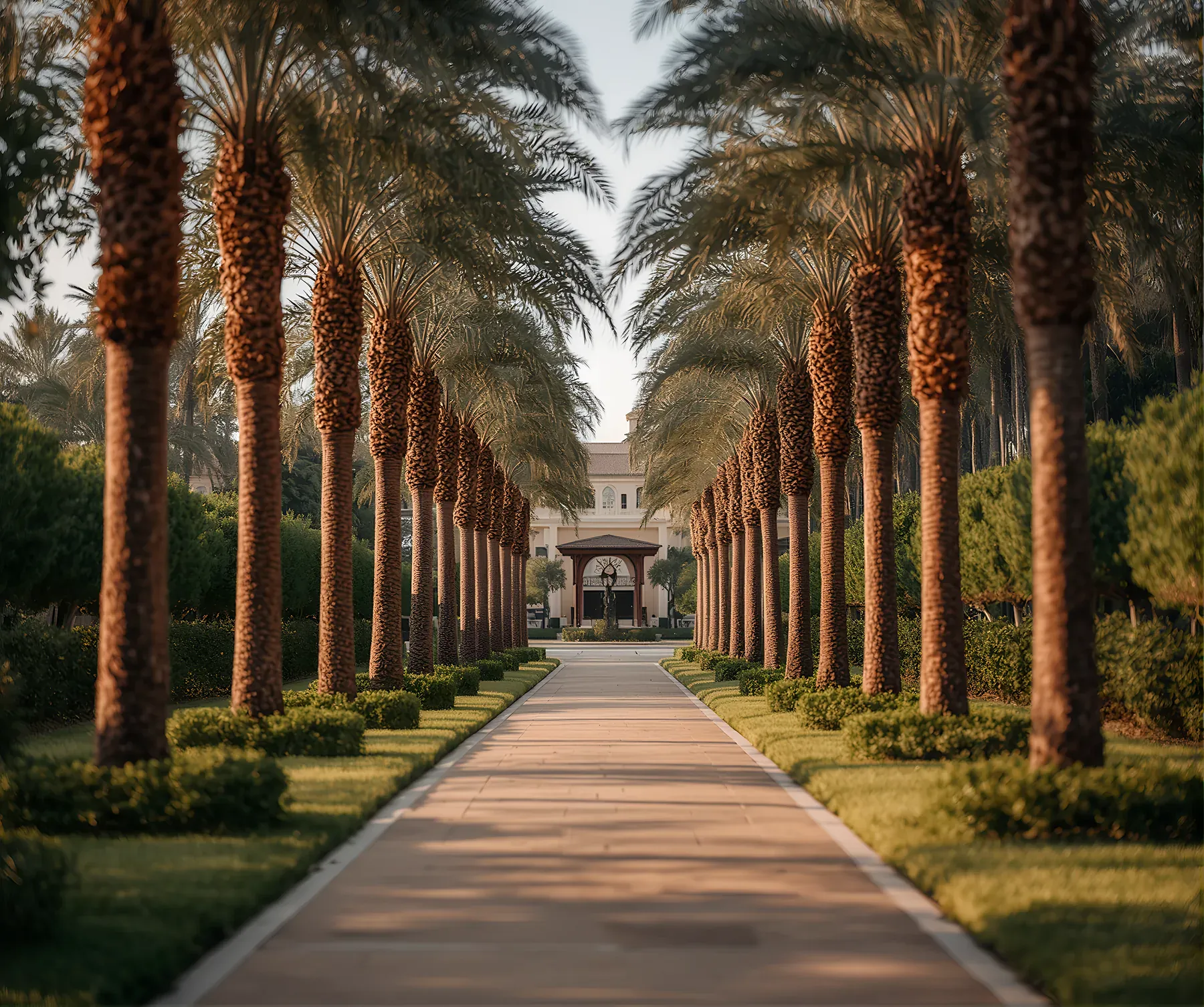 A symmetrical palm-lined avenue leading toward the estate