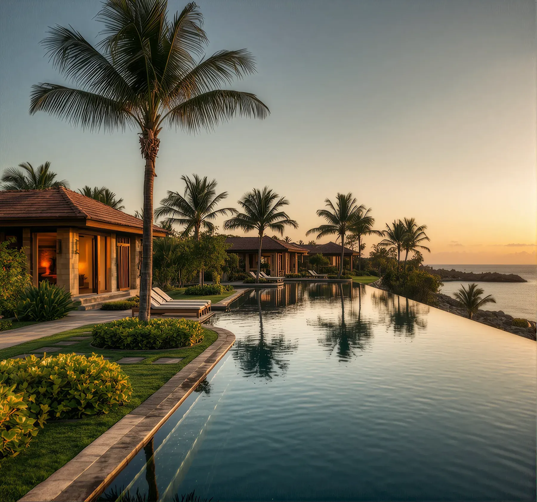 Luxury resort villa at dusk with an infinity pool, palms and warm interior light